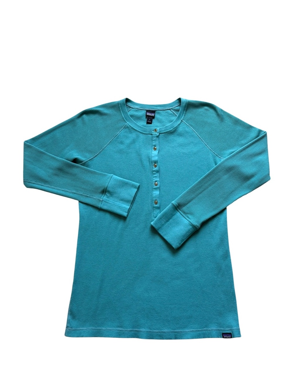 Patagonia Womens Waffle Henley Shirt Large Teal Slim Fit Organic Cotton Layering